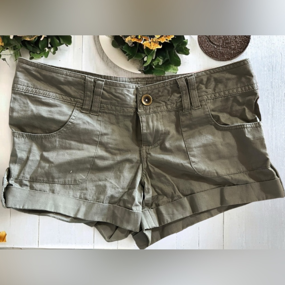 Dollhouse Olive Green Rolled Cuff Cotton Shorts